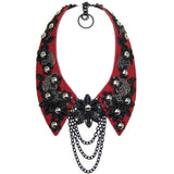 #1017n Red Leather Collar Necklace With Gunmetal & Black Floral Detail