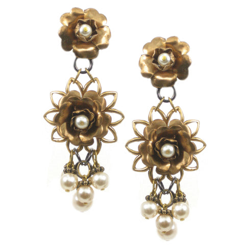 #1022e Gold Tone Pearl Embellished Floral Earrings With Pearl Cluster Drop