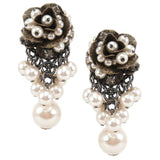 #1026e Gold Tone Pearl Embellished Floral Earrings With Large Pearl Drop