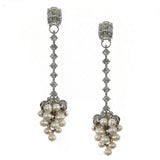 #1029e Silver Tone & Rhinestone Long Drop Earrings With Pearl Cluster