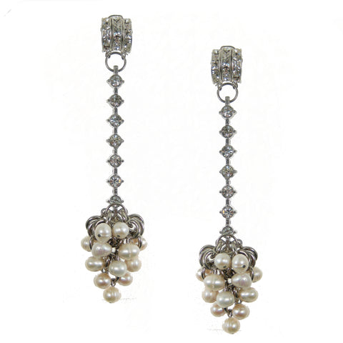 #1029e Silver Tone & Rhinestone Long Drop Earrings With Pearl Cluster