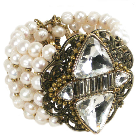 #1032b Old Gold Tone Filigree, Crystal Medallion & Freshwater Pearl Cuff Bracelet