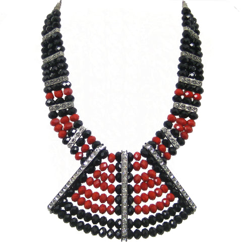 #1032n Red & Black Bead Bib Necklace With Rhinestone Stations