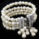 #1040b Fresh Water Pearl, Silver Tone & Rhinestone Multi Strand Cuff Bracelet