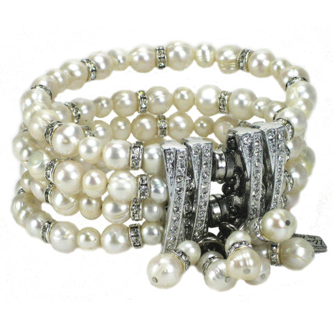 #1040b Fresh Water Pearl, Silver Tone & Rhinestone Multi Strand Cuff Bracelet