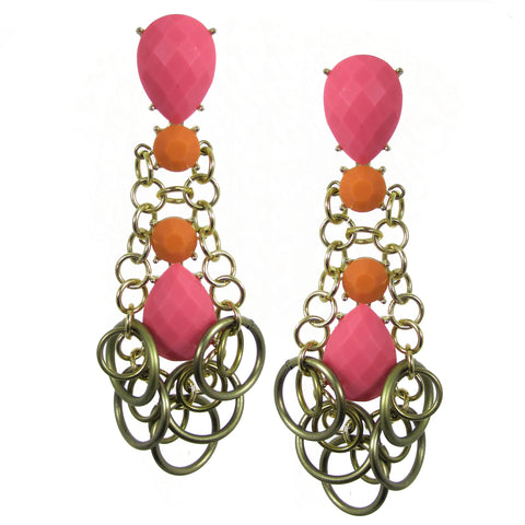 #1041e Pink, Orange & Gold Tone Long Drop Earrings