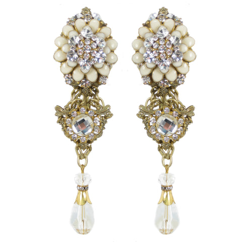 #1050e Gold Tone Filigree & Floral Drop Earrings With Crystal & Rhinestone
