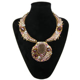 #1051n Gold Tone Collar/Pendant Statement Necklace With Crystal, Pink & Ruby Rhinestones & Flowers