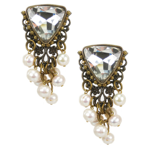#1053e Old Gold Filigree, Pearl & Crystal Embellished Earrings