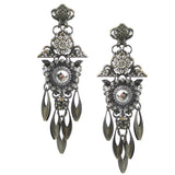 #1056e Gunmetal Filigree Shoulder Duster Earrings With Crystal Rhinestone