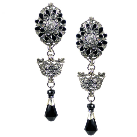 #1059e Silver Tone Filigree & Black Floral Drop Earrings With Jet & Rhinestone