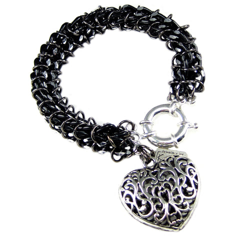 #105b Black/Silver Chain Mail Rope Bracelet With Filigree Heart