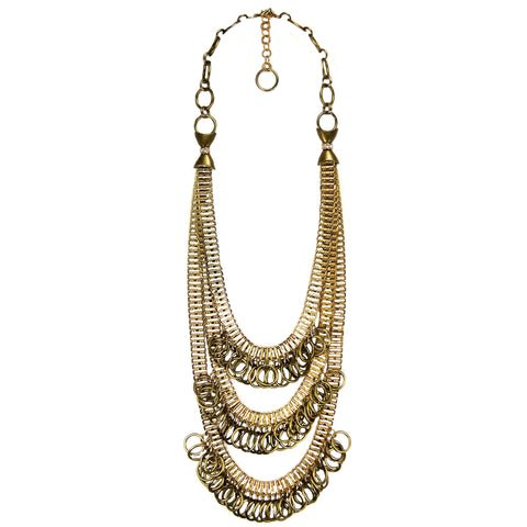 #1064n Gold Tone 3 Strand Chain Necklace With Ring Fringe