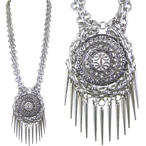 #1065n Long Silver Tone Chain & Filigree Pendant Necklace With Spike Fringe