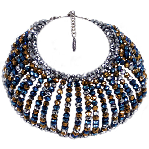 #1070n Hematite, Blue & Bronze Glass Bead Oversized Collar Necklace