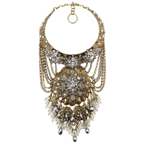 #1075n Gold Tone Choker/Bib "Statement" Necklace With Crystal & Rhinestone Detail