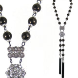 #1084n Jet Stone Bead & Rhinestone Lariat Necklace With Silver Tone & Black Chain Tassels