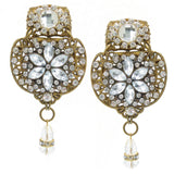 #1090e Gold Tone Filigree & Rhinestone Earrings With Crystal Drop