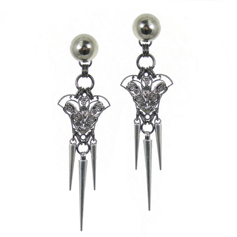 #1092e Silver Tone Filigree With Spikes Long Drop Earrings