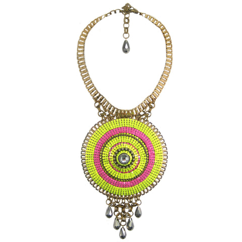 #1098n Gold Tone, Fuchsia & Lime Oversized Pendant Necklace with Gunmetal Bead Detail