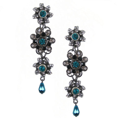 #1100e Silver Tone, Jet, Crystal & Aqua Floral Drop Earrings