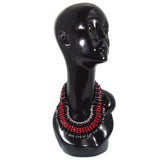 #1102n Red, Black, Silver Tone Safety Pin Bib Necklace