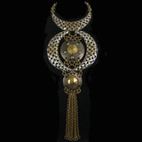 #1114n Old Brass Oversized Choker/Bib/Neckpiece With Medallians & Chain Tassel