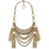 #1116n Gold Tone Bib Necklace With Chain Tassels
