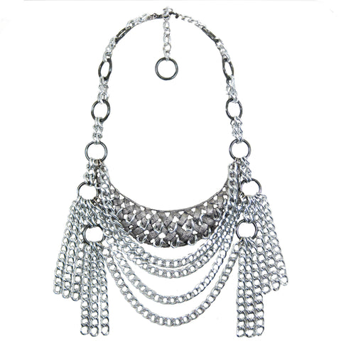 #1120n Silver Tone Bib Necklace With Chain Tassels