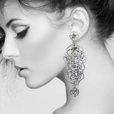 #112e Silver Tone & Rhinestone Floral Earrings