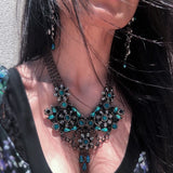 #1132n Silver Tone, Jet, Crystal & Aqua Floral Bib Necklace