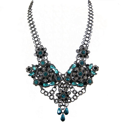 #1132n Silver Tone, Jet, Crystal & Aqua Floral Bib Necklace