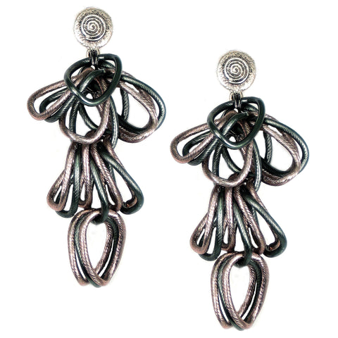 #128e Gunmetal & Copper Tone Cascade Ring Earrings