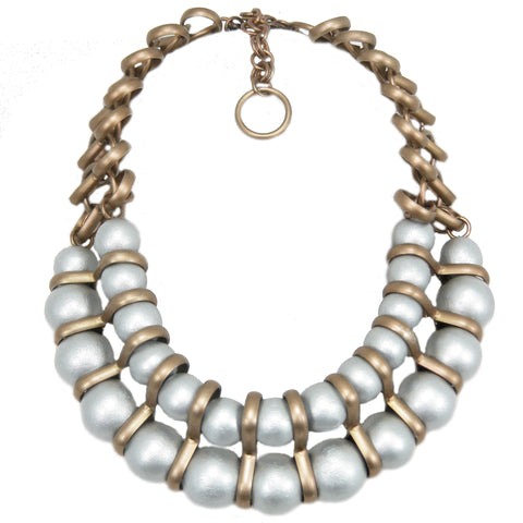 #136n Silver Lacquered Wood Bead & Gold Tone Chain Necklace