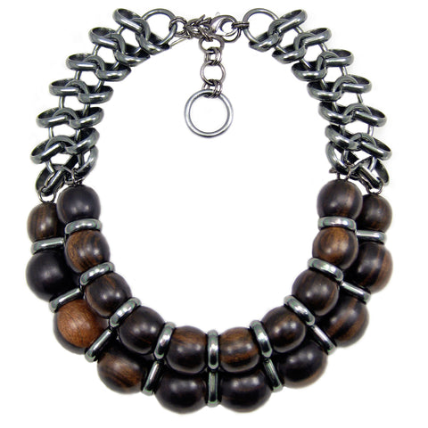 #137n Ebony Wood Bead & Gunmetal Chain Necklace