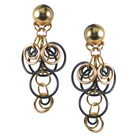 #142e Gold Tone & Black Linked Ring Earrings