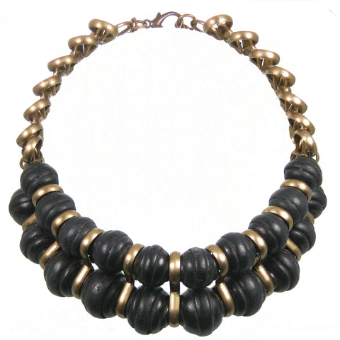 #143n Black Wood Bead & Gold Tone Chain Necklace