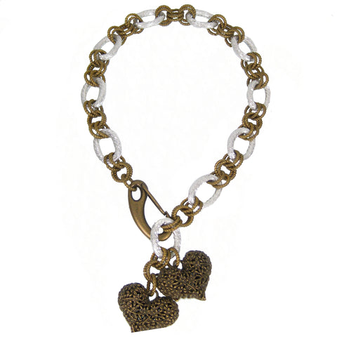 #150n Old Gold & Silver Tone Chain Link Necklace with Filigree Hearts