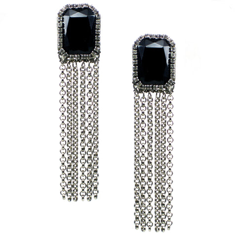 #479e Jet Cabochon, Rhinestone & Silver Tone Chain Tassel Earrings