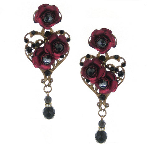 #518e Old Gold Tone Filigree, Jet and Ruby Floral Earrings