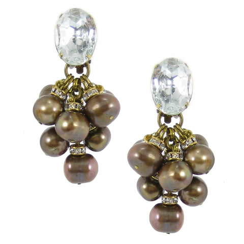 #587e Copper Tone Fresh Water Pearl & Rhinestone Cluster Drop Earrings With Cabochon