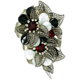#690p Pewter Tone Filigree Floral Pin with White, Black, Red Bead Detail