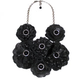 #756n Black Leather, Jet & Rhinestone Floral Bib Necklace