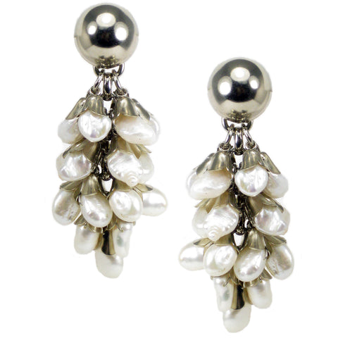 #788e Silver Tone & Fresh Water Pearl Cluster Drop Earrings