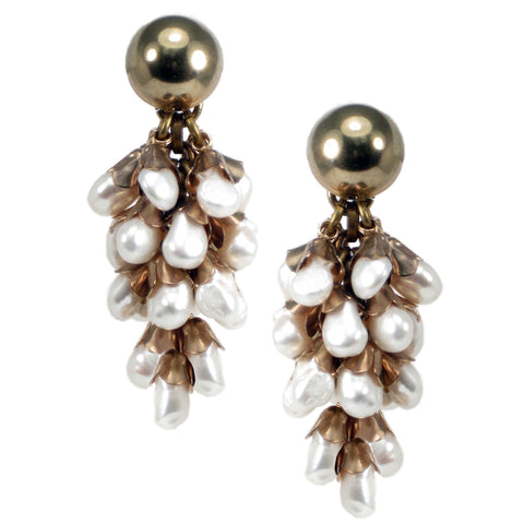 #789e Gold Tone & Fresh Water Pearl Cluster Drop Earrings