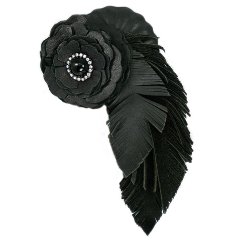 #791p Black Leather, Rhinestone, Flower & Feather Corsage Pin
