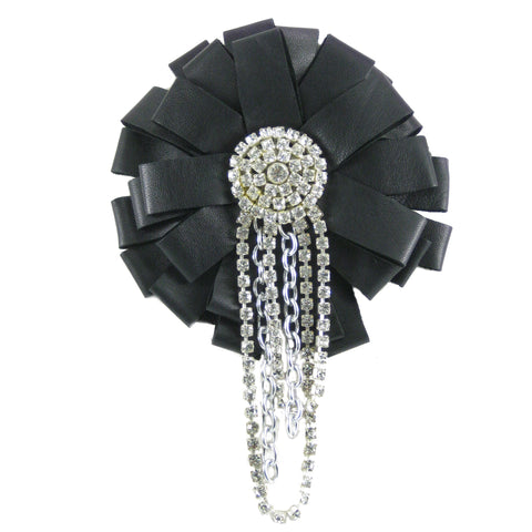 #793p Black Leather Ribbon Pin With Rhinestone & Chain Detail