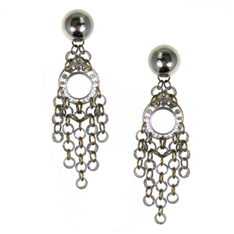#806e Silver & Gold Tone Chainmail Long Fringed Earrings