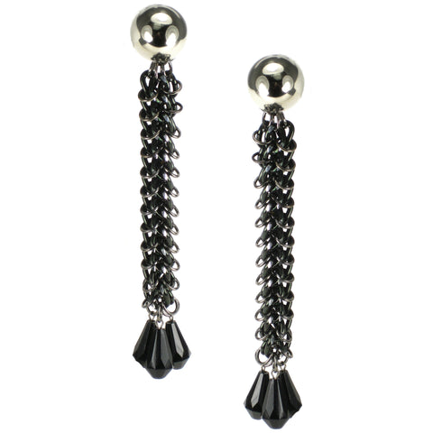 #808e Black/Silver Chain Mail Shoulder Duster Earrings With Jet Drops