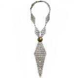 #810n Silver & Gold Tone Chain Mail Neck Tie Necklace With Brass Button